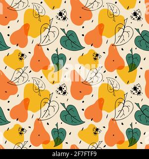 Pear, apple fruits seamless pattern. Leaves black contour silhouettes. Hand drawn abstract shapes, childish illustration in orange, yellow, green Stock Vector