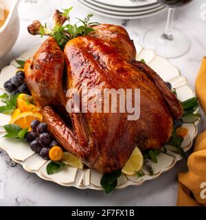 Thanksgiving or Christmas turkey on a serving plate Stock Photo