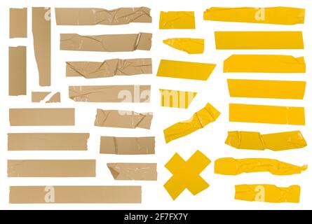 Big set of yellow and brown adhesive tape pieces Stock Photo