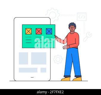 Web development - colorful flat design style illustration on white background. A composition with a programmer placing a webpage on a smartphone, cogw Stock Vector