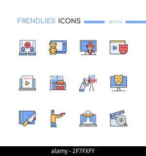 Cinema - modern line design style icons set. Movie genres, hobby and entertainment. Adults only, cartoons, western, comedy, articles, adventure, docum Stock Vector