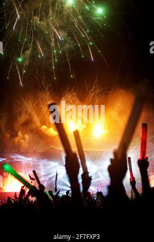 A light show with fireworks at s summer festival. Stock Photo