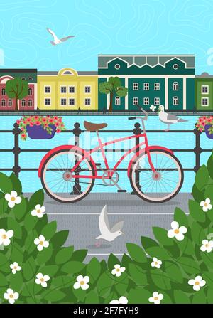 Old town embankment on water poster. Green bush thickets, bicycle by fence and flying seagulls over river. European city architecture and street background. Vector colorful card or banner illustration Stock Vector