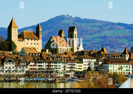 Rapperswil Castle and the fortifications were built by the Counts of Rapperswil around 1200. Rapperswil-Jona, Canton St. Gallen, Switzerland. Stock Photo