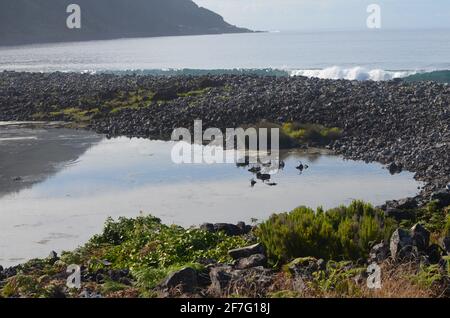 Faja dos Cubres coastal lagoon in the Fajas de Sao Jorge Biosphere Reserve, Azores archipelago Stock Photo