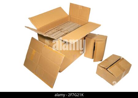 Several cardboard boxes of different sizes isolated on white Stock Photo