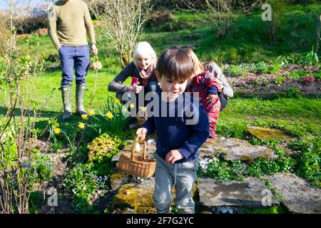 Happy child with parents and grandmother on family Easter egg hunt holding basket hunting for eggs in spring garden Wales UK   KATHY DEWITT Stock Photo