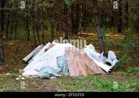 A pile of rubbish in the forest. People throw away food waste and construction waste.Ecological catastrophyfor the environment Stock Photo