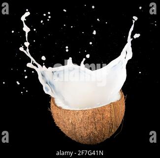 coconut milk spilling out of half nut isolated on black Stock Photo