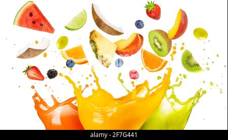 mixed fruit falling in colorful juices splashing Stock Photo