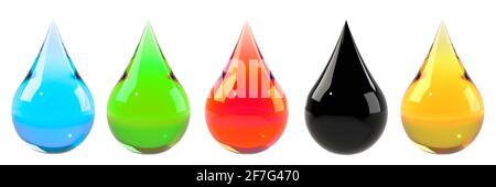 Collection of blue green red black and yellow drops 3D illustration Stock Photo