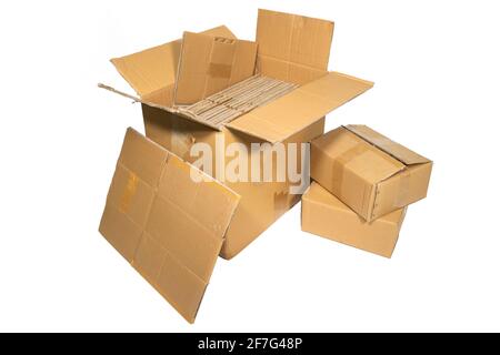 Several cardboard boxes of different sizes isolated on white Stock Photo