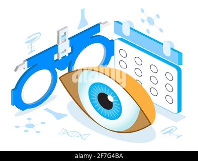 Medical ophthalmologist eyesight check up concept isometric vector. Eye 3d illustration for health care web banner, post. Eyeglasses isometric icon is Stock Vector