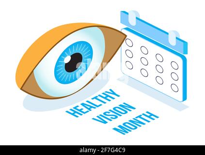 Healthy vision month concept isometric vector. Medical ophthalmologist eyesight check up illustration. Eye illustration for health care web banner, po Stock Vector