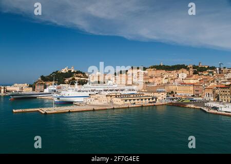 Ancona, Italy - September, 10 2018: Aerial view of cruise ships and ferries docked at the port of Ancona. Bright summer day, travel concept Stock Photo