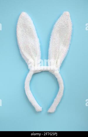 Costume rabbit ears. Fluffy bunny ears isolated on blue background, top view, flat lay. Stock Photo