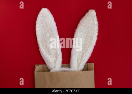 fluffy bunny ears in paper bag isolated on red background, easter idea with rabbit, space for text, shopping and holiday concept Stock Photo