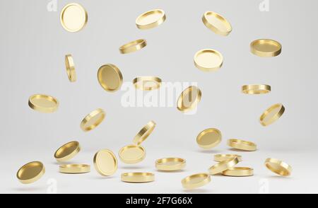 Shiny golden coins falling on white background Stock Photo - Alamy