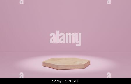 Wood podium with spotlights on pink background. Pedestal stage for awards ceremony.  Platform for product presentation. 3d rendering Stock Photo