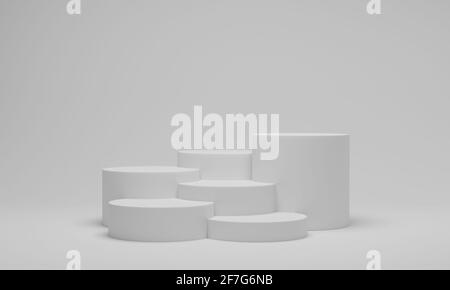 3d rendering. White cylinder podium or pedestal round platform. Abstract minimal scene with geometrical. Stock Photo