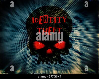 Identity theft, Black Skull with red eyes, Binary code blue background Stock Photo