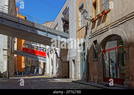 LYON, FRANCE, April 6, 2021 : A train of the Fouviere funicular at the start from Vieux-Lyon station. The line is used by tourists to reach the Basili Stock Photo