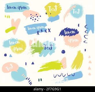 Set of hand drawn design elements. Vector grunge ink texture pastel color dry brush, strokes, spots, stripes, lines, templates, geometric shapes,label Stock Vector