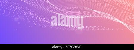 Wide abstract wavy particle background. Flowing particles with depth of field. Technology, science, gaming, cinema, website vector background. Stock Vector