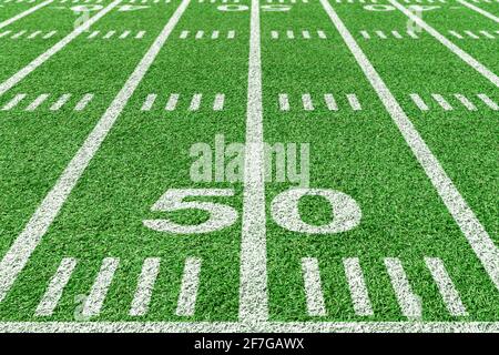 50 Yard line of American football field. View from with sidelines Stock Photo