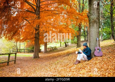 young curly latino man sitting next to a guitar on the ground in a park drinking coffee and reading a book during autumn.red and orange mood.Beautiful Stock Photo
