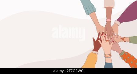 Diversity women. Group hands on top of each other of diverse multi-ethnic and multicultural women. Female social network community. Cooperation. Race Stock Vector