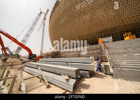 Lusail Stadium, Lusail, Qatar, April 5, 2022 - Building the The 80,000-seat Lusail Stadium that is set to hold the final match of the 2022 FIFA World Cup that is scheduled to take place in Qatar from 21 November to 18 December 2022. This will be the first World Cup ever to be held in the Arab world and the first in a Muslim-majority country. Stock Photo