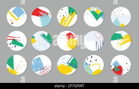 Set of vector highlight covers. Geometric abstract backgrounds. Various shapes, lines, spots, dots, brush strokes. Round icons for social media storie Stock Vector