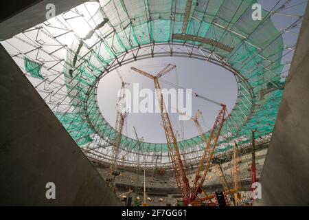 Lusail Stadium, Lusail, Qatar, April 5, 2022 - Building the The 80,000-seat Lusail Stadium that is set to hold the final match of the 2022 FIFA World Cup that is scheduled to take place in Qatar from 21 November to 18 December 2022. This will be the first World Cup ever to be held in the Arab world and the first in a Muslim-majority country. Stock Photo