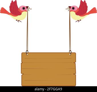 Hanging board Birds holding wooden board isolated on white abckground Stock Vector