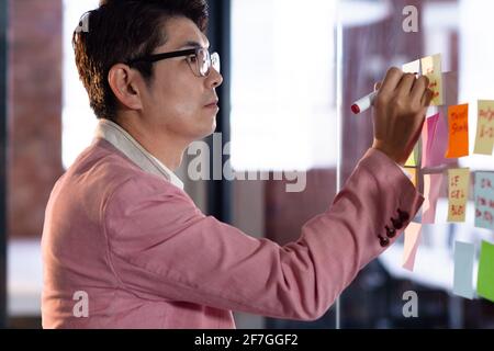 Stylish asian businessman writing notes on glass wall Stock Photo