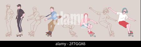 young man people surf skate and skateboard pose organic style flat design lineal vector set illustration. Stock Vector