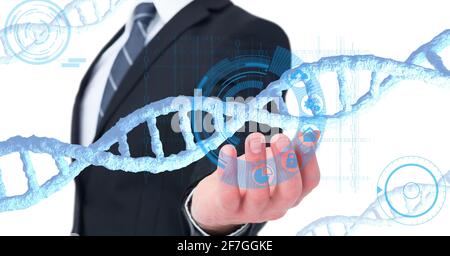 Dna structure and digital interface over mid section of business man with cupped hand Stock Photo