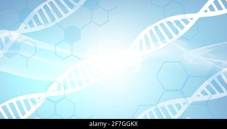 Dna structure and chemical structures against spot of light on blue background Stock Photo