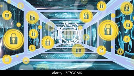 Multiple security padlock icons against screens with medical data processing Stock Photo