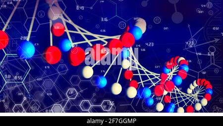 Digitally generated image of dna structure and chemical structures against blue background Stock Photo