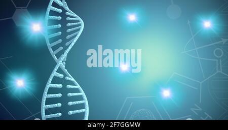 Dna structure and chemical structures against spots of light on blue background Stock Photo