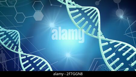 Dna structure and chemical structures against spot of lights blue background Stock Photo