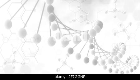 Digitally generated image of dna structure and chemical structures against white background Stock Photo
