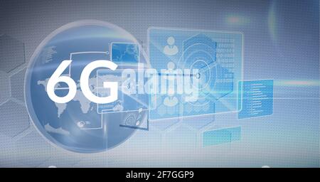 Composition of the word 6g over a globe with statistics and data in background Stock Photo