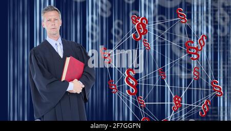 Portrait of lawyer against globe of section sign against light trails on blue background Stock Photo