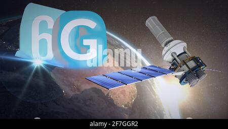 Composition of the word 6g over a globe with a floating satelite in background Stock Photo