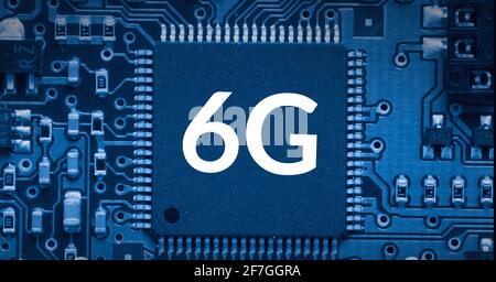 Composition of the word 6g over a microprocesor parts in background Stock Photo