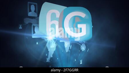 Composition of the word 6g over a world mao with people images in background Stock Photo