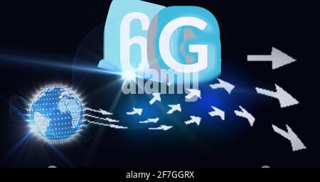 Composition of the word 6g over a globe woth floating white arrows in background Stock Photo